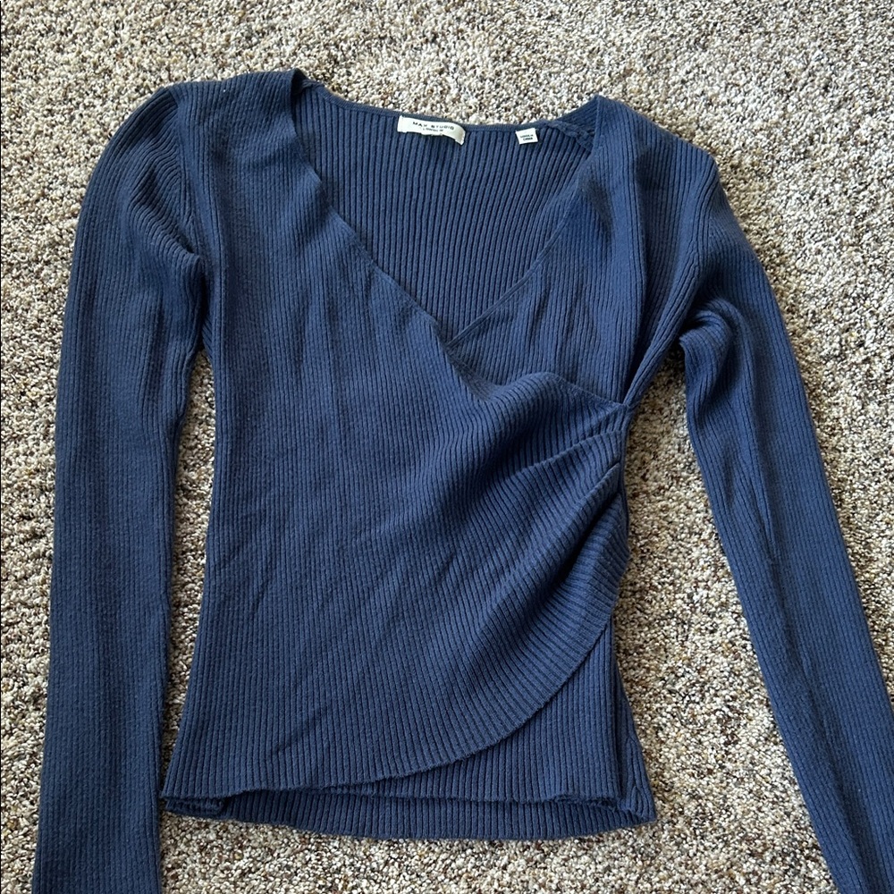 Max Studio Ribbed Scoop Neck Long Sleeve Top - Navy Blue
